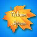 Welcome Autumn lettering on maple leaf and blue background.Vector illustration. Royalty Free Stock Photo