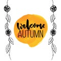 Welcome autumn sign on orange watercolor stain and hanging garland