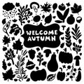 Welcome Autumn - Welcome Fall. Handwritten lettering with doodle floral elements. Black and white square greeting card