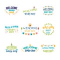 Welcome baby boy. Baby boy arrival postcards. Baby shower card d Royalty Free Stock Photo
