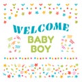 Welcome baby boy shower card. Arrival card. Cute postcard Royalty Free Stock Photo