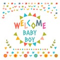 Welcome baby boy shower card. Cute postcard with decorative elem Royalty Free Stock Photo