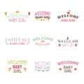 Welcome baby girl. Baby girl arrival postcards. Baby shower card Royalty Free Stock Photo