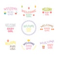 Welcome baby girl. Baby girl arrival postcards. Baby shower card Royalty Free Stock Photo