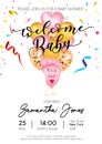 Welcome baby girl invitation design. Cute balloons baby footprints, heart shaped and golden balloons. Vector baby shower