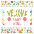 Welcome baby girl shower card. Arrival card. Cute postcard with Royalty Free Stock Photo