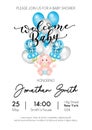 Welcome baby baby shower greeting card. Cute baby shower invitation design with balloons and lettering. Baby boy vector invitation Royalty Free Stock Photo