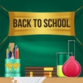 Welcome back school with golden banner and green chalkboard background with stationary