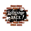 Welcome Back text as graffiti on brick wall background