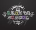 Welcome back to school background on black chalkboard. Vector illustration with education design elements. Festive Emblem