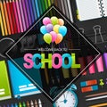 Welcome back to school background with colorful typography, a bunch of balloons, and an arrangement of realistic study supplies. Royalty Free Stock Photo