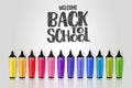 Welcome back to school background concept with colorful markers and drop shadow.