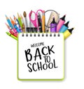 Welcome back to school background with a ring notebook and typography text. A pile of pencils, pens, scissors, markets, highlighte