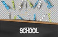 Welcome back to school background with wooden frame blackboard, falling confetti and ringlets Royalty Free Stock Photo