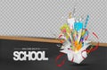 Welcome back to school background with wooden frame blackboard and open gift box with study supplies. Royalty Free Stock Photo