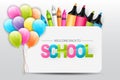 Welcome back to school banner. Concept for shopping offer or advertisement with a bunch of colorful balloons, markers Royalty Free Stock Photo