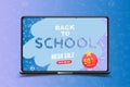 Welcome Back to school. Banner with set of doodle icons and mega sale 50 and sticker in realistic laptop. Concept for education. V Royalty Free Stock Photo