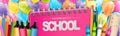 Welcome back to school banner or website header with realistic education supplies.