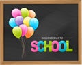 Welcome back to school blackboard background with a wooden frame and a bunch of helium balloons. Royalty Free Stock Photo