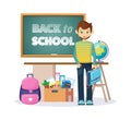 Welcome back to school blackboard with items and elements. Royalty Free Stock Photo