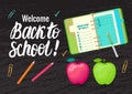 Vector card Welcome Back to school . Lettering inscription and school symbols on black chalk board wide background. Royalty Free Stock Photo
