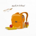 Welcome back to school. Cartoon School backpack with school stationery, education supplies. isolated on a white