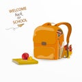 Welcome back to school. Cartoon School backpack with school stationery, education supplies. isolated on a white