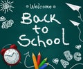Welcome back to school in a chalkboard with realistic supplies. Back to school concept.