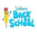 Welcome back to school colorful card with funny pencil character