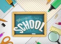 Vector Back to school concept with education elements, school supplies, textured chalkboard on notebook paper background Royalty Free Stock Photo