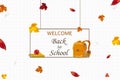 Welcome Back to school concept. Cartoon School backpack with school stationery, education supplies, apple, autumn leaves. School B Royalty Free Stock Photo