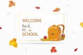 Welcome Back to school concept. Cartoon School backpack with school stationery, education supplies, apple, autumn leaves Royalty Free Stock Photo