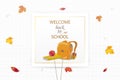 Welcome Back to school concept. Cartoon School backpack with school stationery, education supplies, apple, autumn leaves. School B Royalty Free Stock Photo