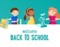 Welcome Back to School Concept. Little Kids Schoolers or Preschoolers with Books, Rucksack and Microscope Waving Hand Royalty Free Stock Photo