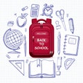 Welcome back to school concept. Schoolbag with the set of doodle icons of school supplies. Vector illustration