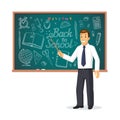 Welcome back to school concept. Smiling teacher with pointer stick standing in front of school chalkboard