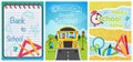 Welcome back to school concept template. School equipment, bus on the road and notebook. Vector collection of cartoon Royalty Free Stock Photo