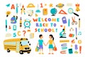 Welcome back to school, cute doodle colorful set with lettering. Hand drawn vector illustration, isolated on white Royalty Free Stock Photo