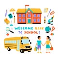 Welcome back to school, cute doodle colorful set with lettering. Hand drawn vector illustration, isolated on white Royalty Free Stock Photo