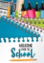 Welcome back to school flyer or brochure with torn out sheet of papar as a background and realistic 3d study items Royalty Free Stock Photo