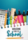 Welcome back to school flyer or brochure with torn out sheet of papar as a background and realistic 3d study items Royalty Free Stock Photo