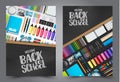 Welcome back to school flyer with colorful 3d realistic stationery.