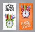 Welcome back to school flyer or vectical banner set with realistic alarm clock, coloring pencils, and crayons. Chalk style text