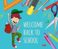 Welcome back to school.Happy boy and stationeries isolated on blue background. Royalty Free Stock Photo