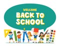 Welcome Back to School. Happy Children with elements of school. Educational elements children.