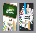 Welcome back to school. Horizontal banner or flyer leaflet. Template with green chalkboard and torn out sheet of notebook paper