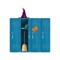 Welcome back to school illustration. Flat vector witch clipart with cupboard with books and broom. School locker