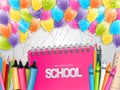 Welcome back to school illustration with a lot of flying colorful balloons and study stationery supplies Royalty Free Stock Photo