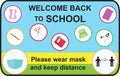 Welcome back to school, keep your distance and wear a mask, vector illustration signs for the post covid-19 Coronavirus pandemic,