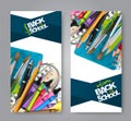 Welcome back to school leaflet flyer set with realistic education supplies - pencil with errasor, brushes, ring notebook Royalty Free Stock Photo